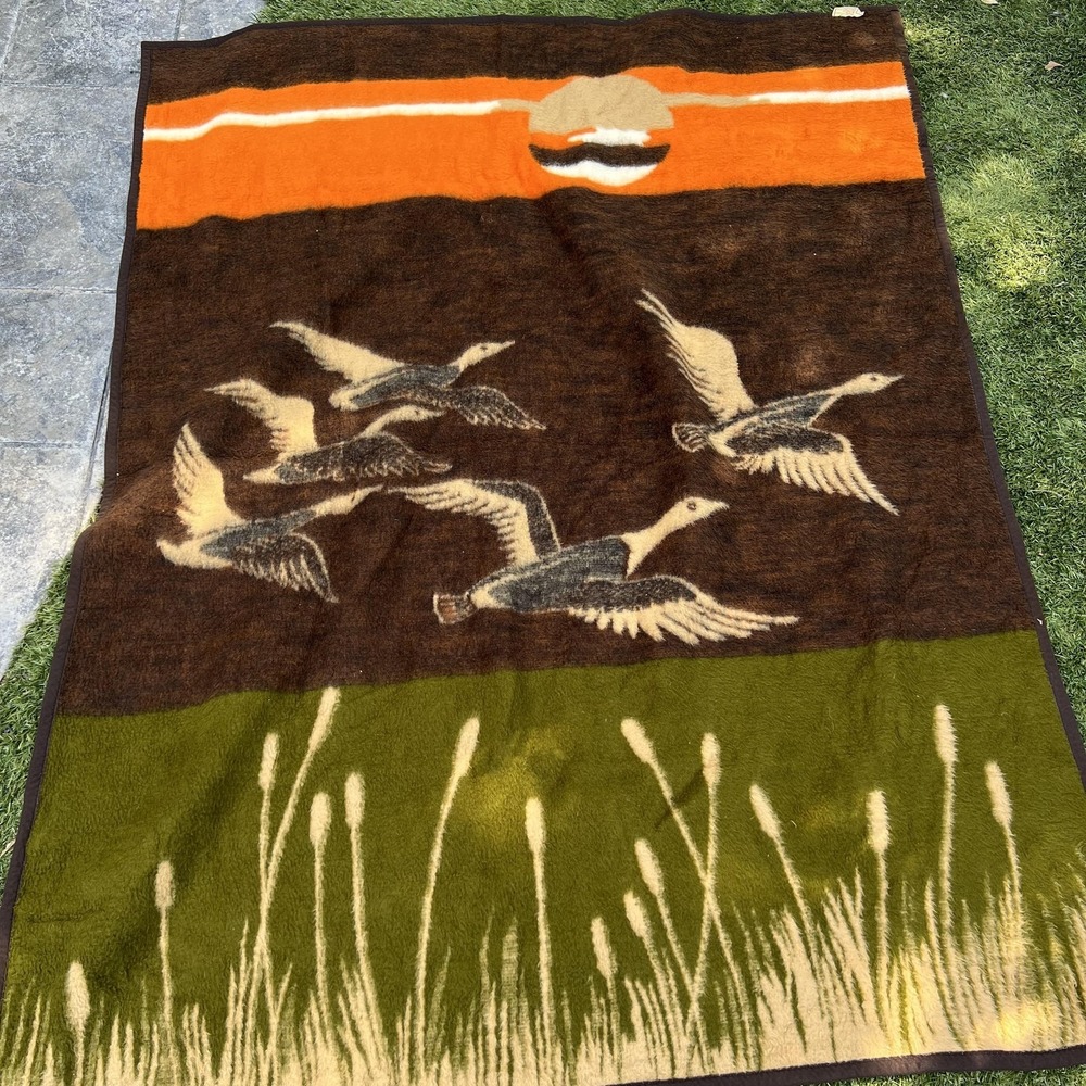 Vintage Biederlack Brown 75x59 Velour Blanket Flying Geese Reversible Lodge